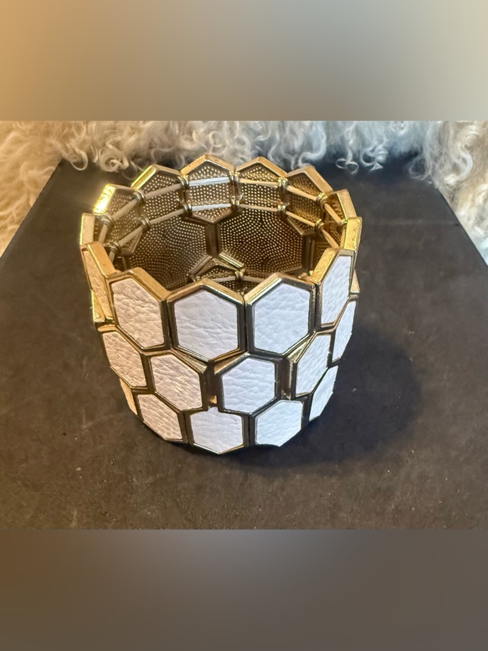 Gold and White Geometric Tile Stretch Bracelet
